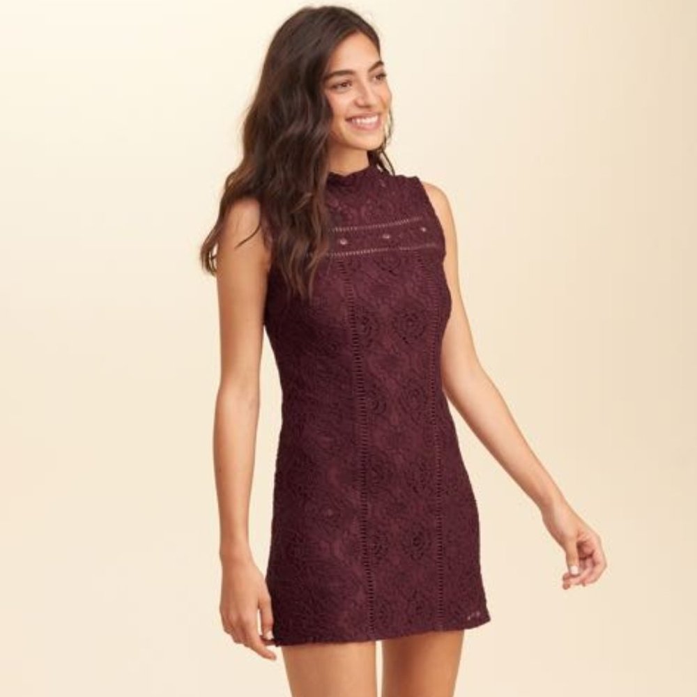Hollister Maroon High-Neck Lace Dress